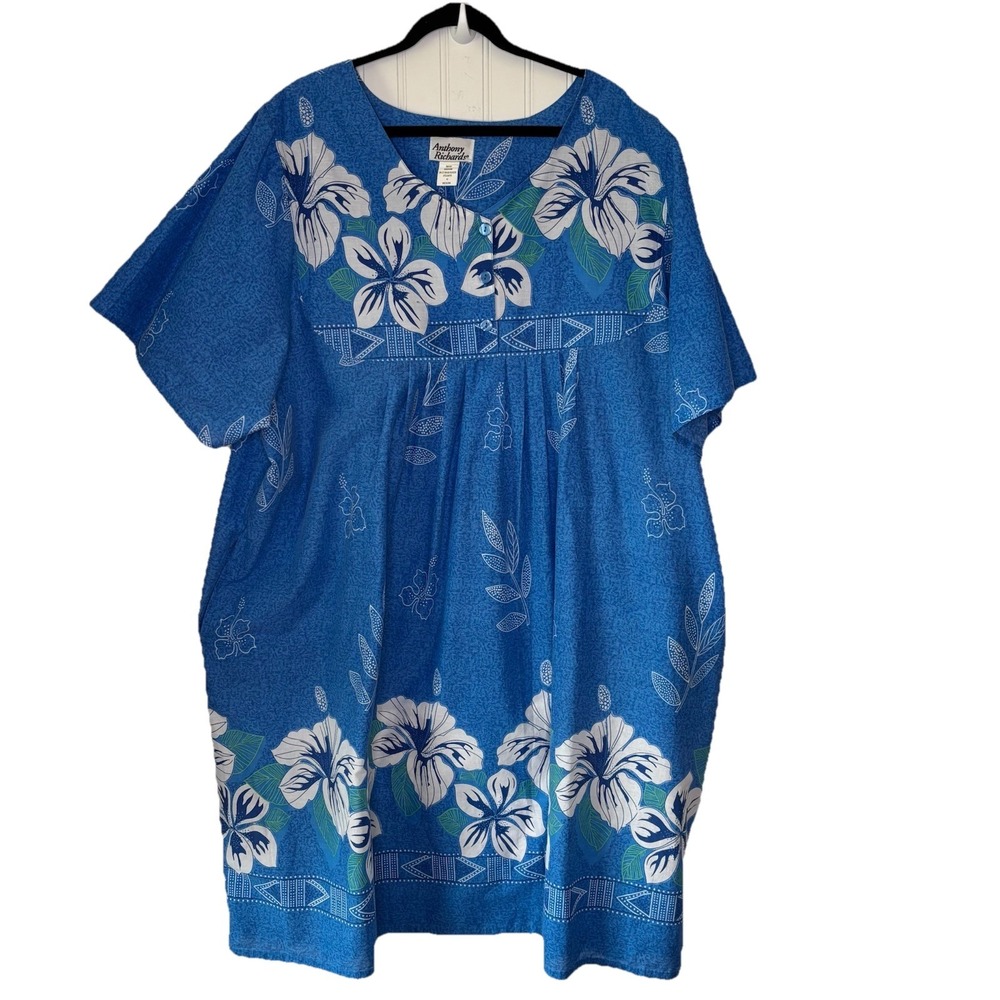 Vtg Anthony Richards Patio House Dress MuMu 4X Blue Tropical Print Summer MuuMuu